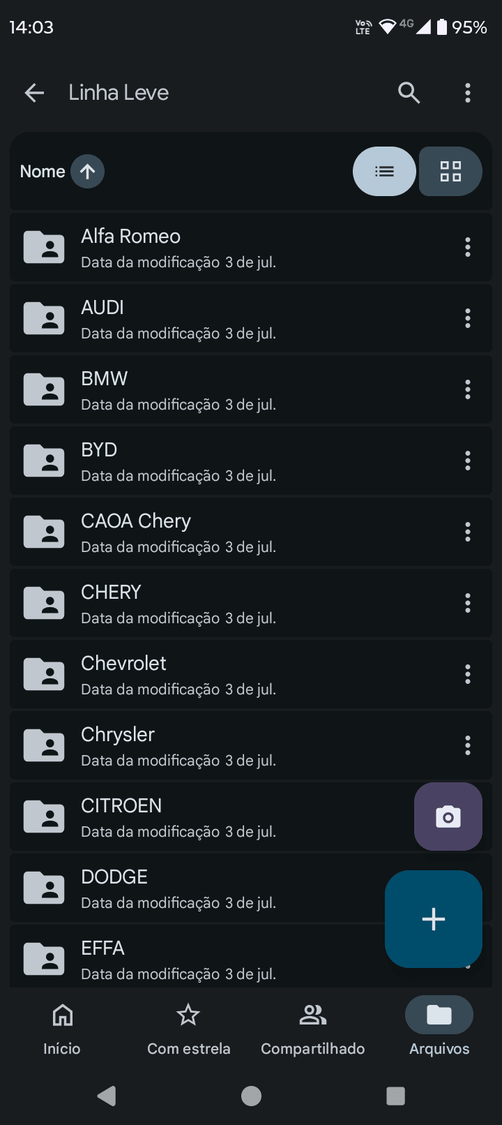 Print real da pasta Linha Leve no Google Drive pelo celular