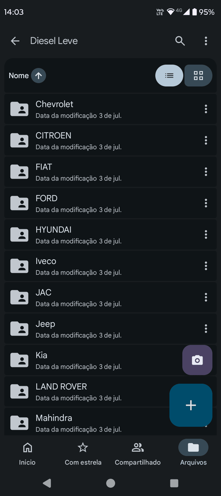 Print real da pasta Diesel Leve com montadoras disponíveis no Google Drive.